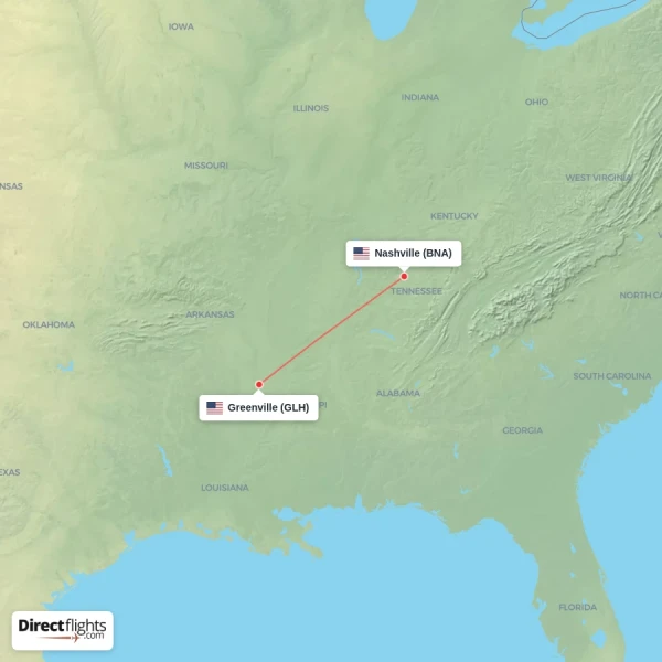 Nashville - Greenville direct flight map