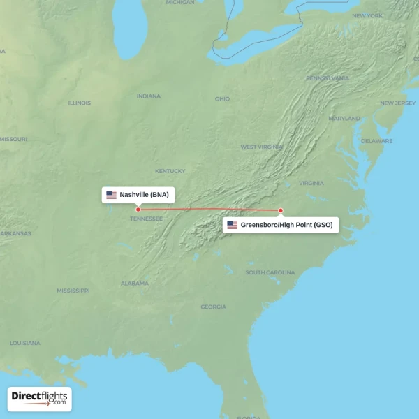 Nashville - Greensboro/High Point direct flight map