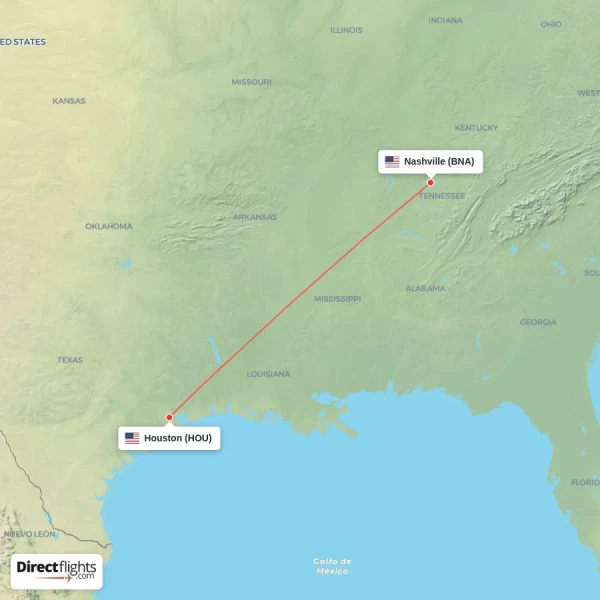 Nashville - Houston direct flight map