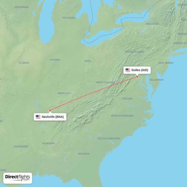 Nashville - Dulles direct flight map