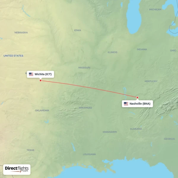 Nashville - Wichita direct flight map