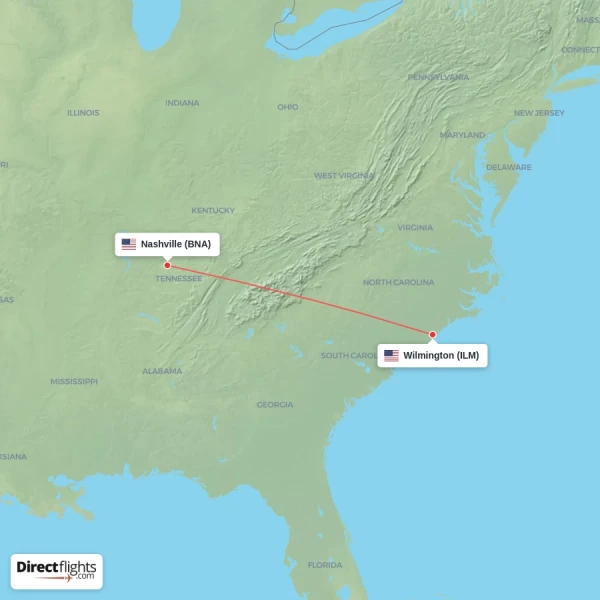 Nashville - Wilmington direct flight map