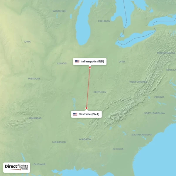 Nashville - Indianapolis direct flight map