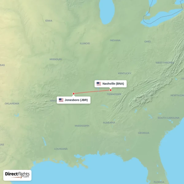 Nashville - Jonesboro direct flight map