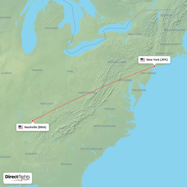 Nashville - New York direct flight map