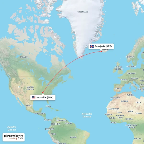 Nashville - Reykjavik direct flight map