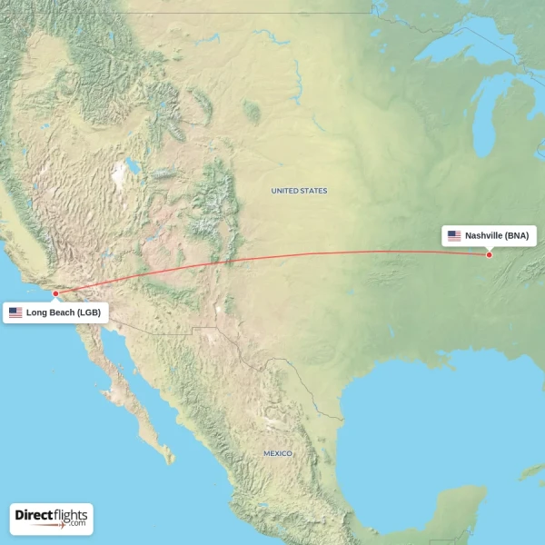 Nashville - Long Beach direct flight map
