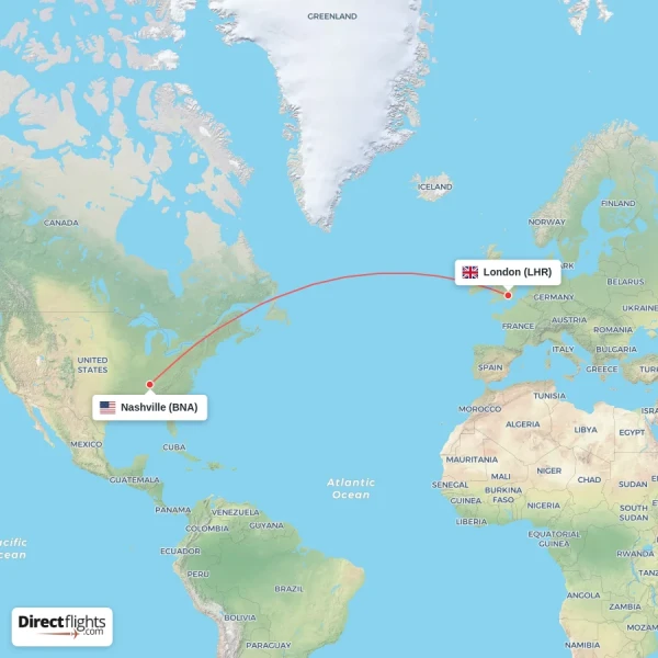 Nashville - London direct flight map