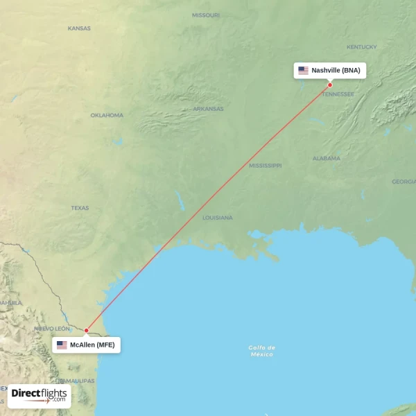 Nashville - McAllen direct flight map