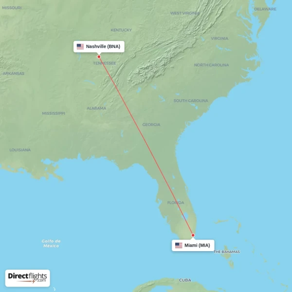 Nashville - Miami direct flight map