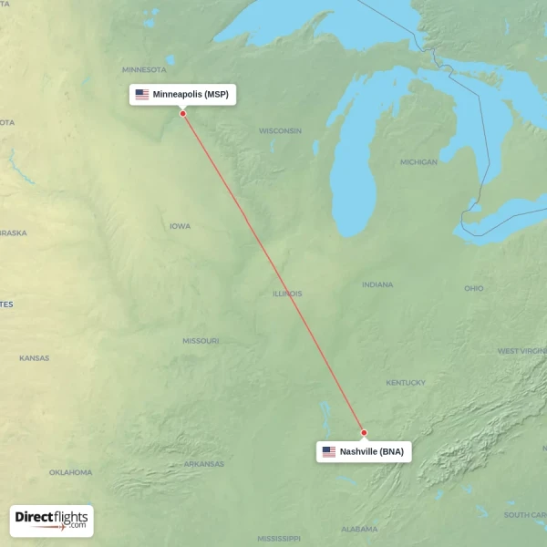 Nashville - Minneapolis direct flight map