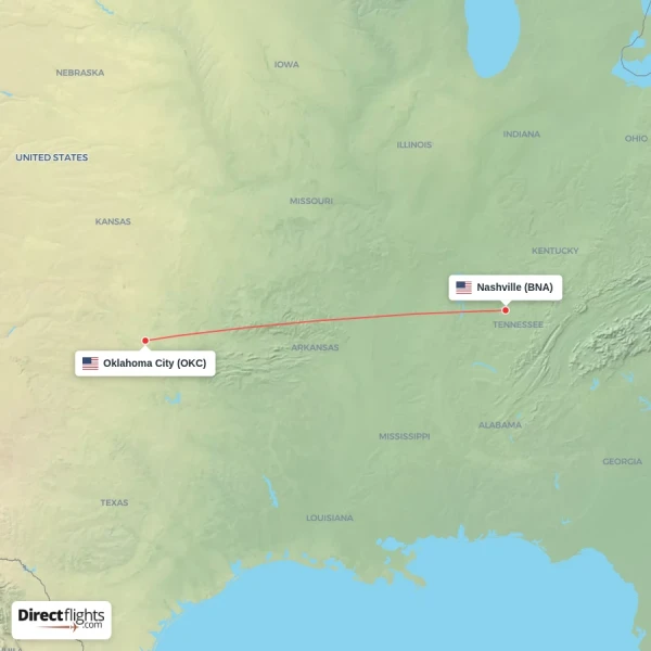 Nashville - Oklahoma City direct flight map