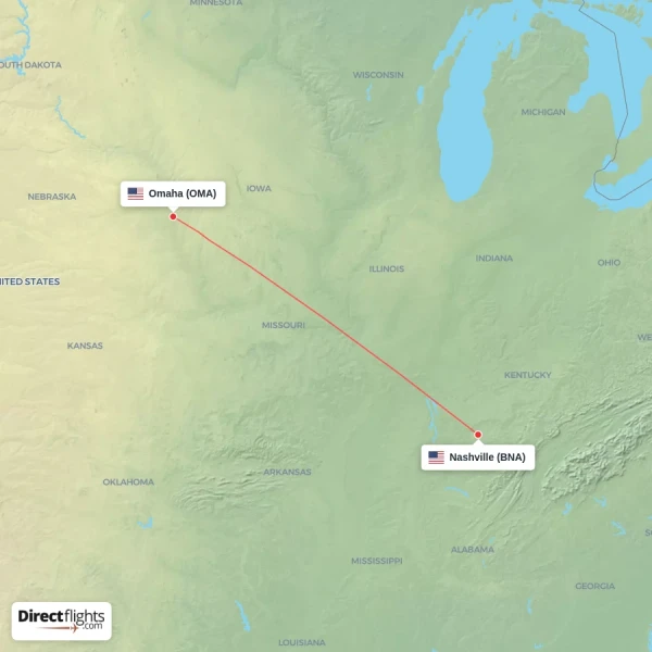 Nashville - Omaha direct flight map