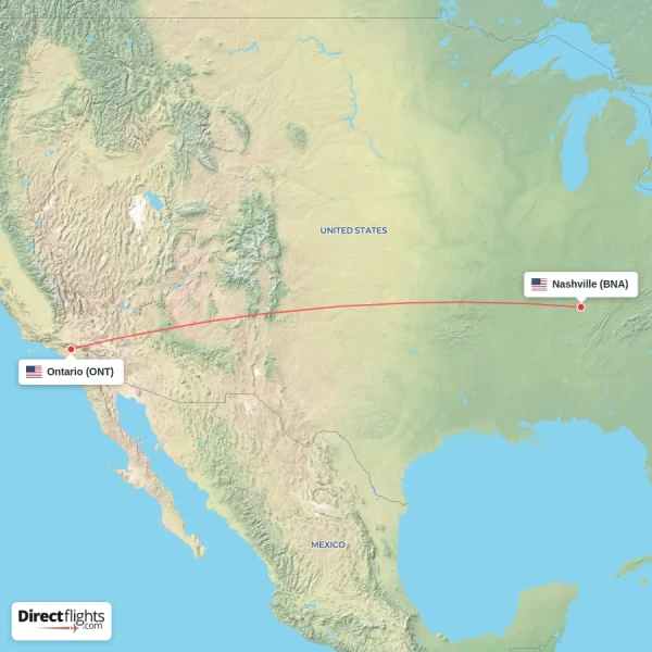 Nashville - Ontario direct flight map