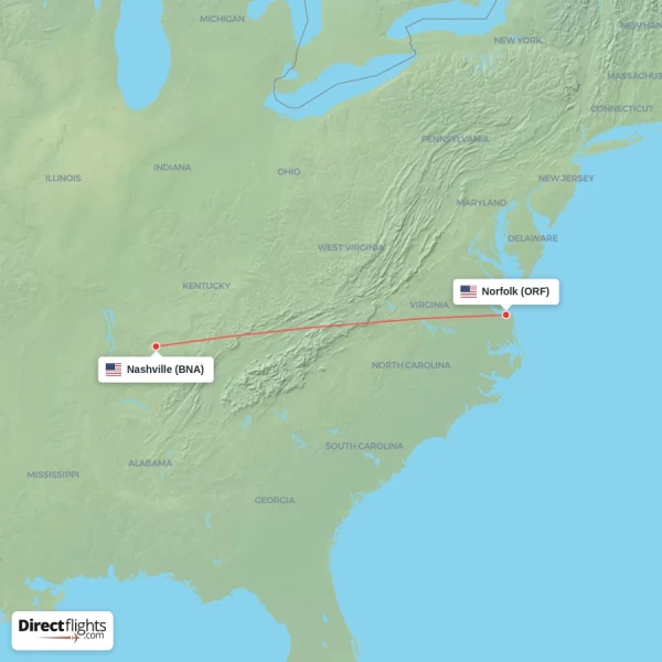 Nashville - Norfolk direct flight map