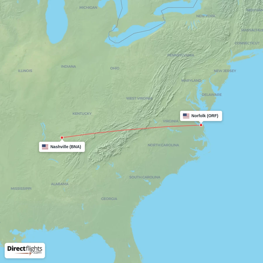 BNA - ORF route map
