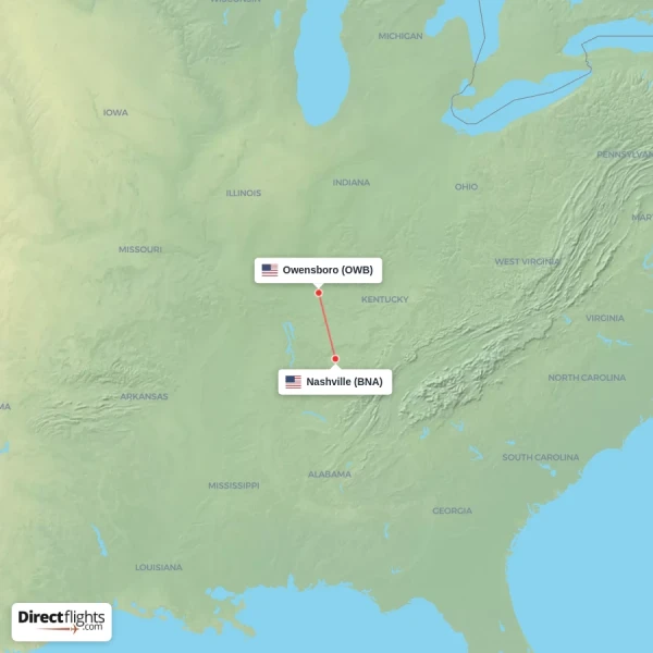 Nashville - Owensboro direct flight map