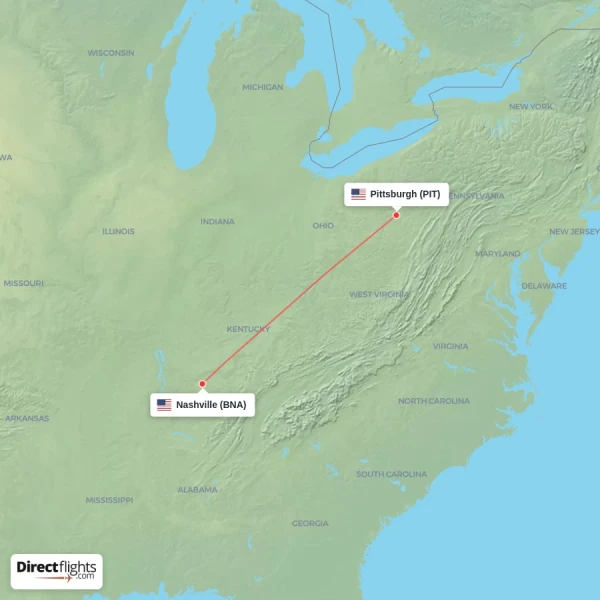 Nashville - Pittsburgh direct flight map