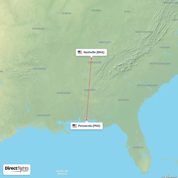 Nashville - Pensacola direct flight map