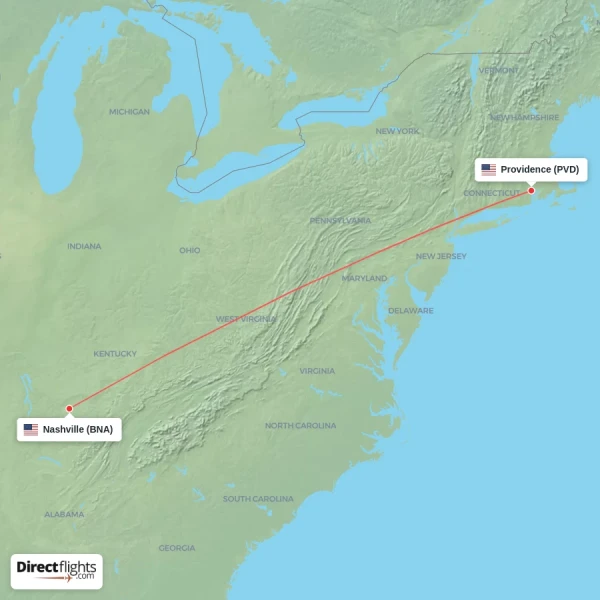 Nashville - Providence direct flight map