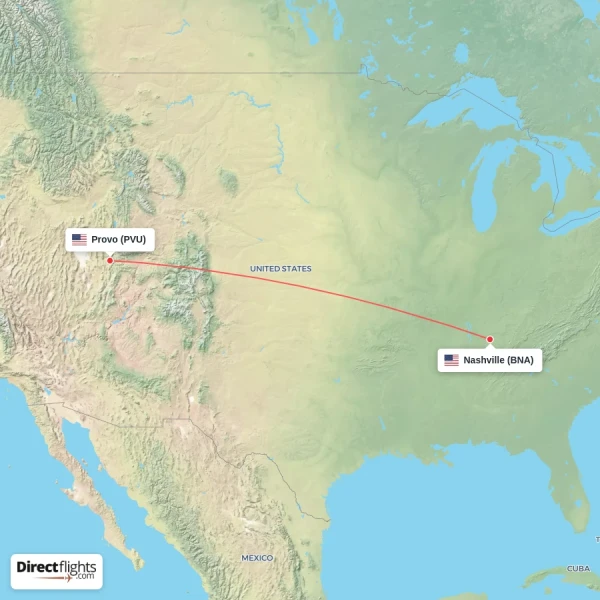 Nashville - Provo direct flight map
