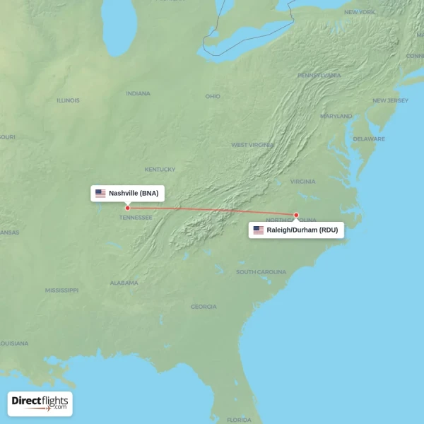 Nashville - Raleigh/Durham direct flight map