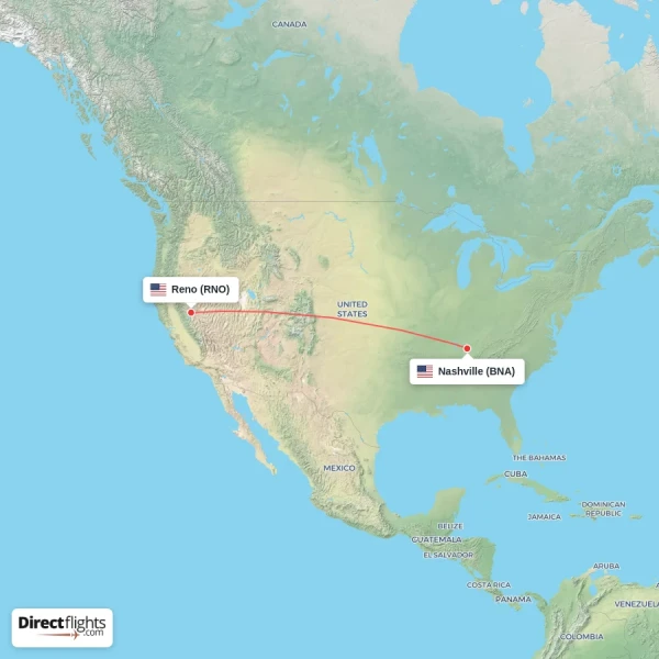 Nashville - Reno direct flight map