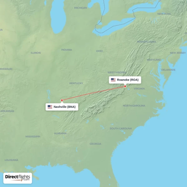 Nashville - Roanoke direct flight map