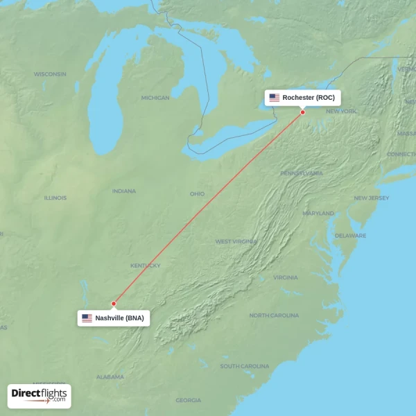 Nashville - Rochester direct flight map
