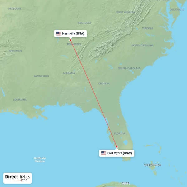 Nashville - Fort Myers direct flight map