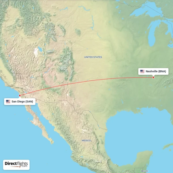 Nashville - San Diego direct flight map