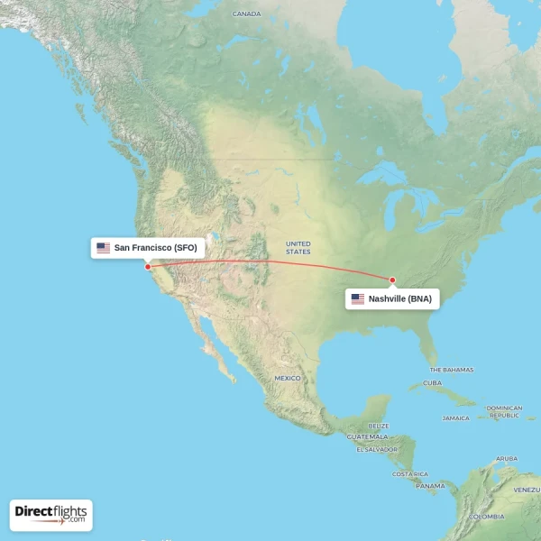 Nashville - San Francisco direct flight map