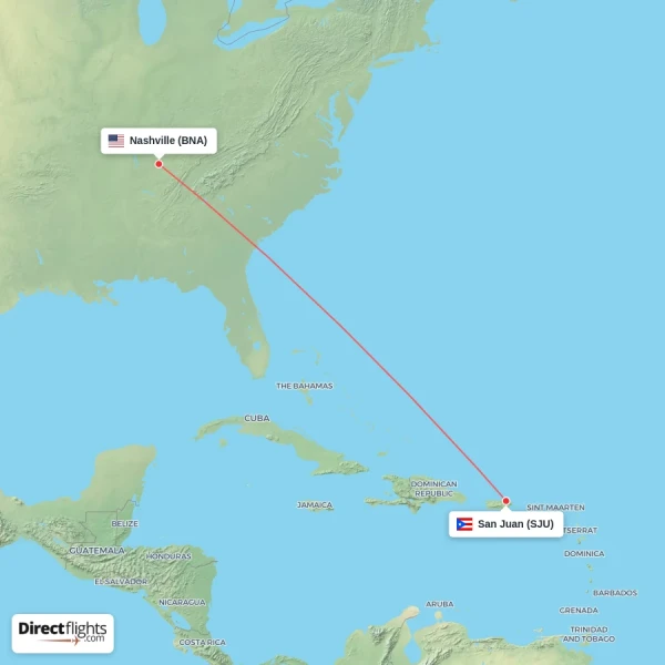 Nashville - San Juan direct flight map