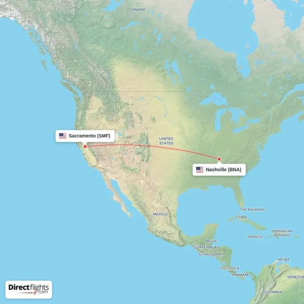 Nashville - Sacramento direct flight map