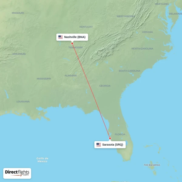 Nashville - Sarasota direct flight map