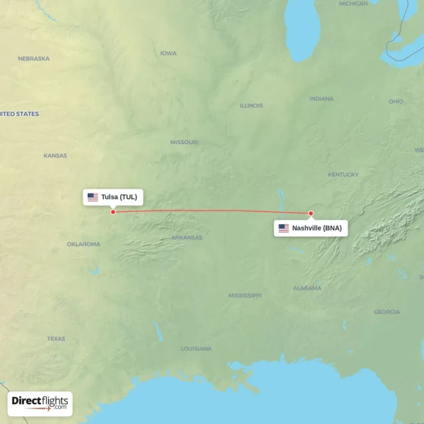 Nashville - Tulsa direct flight map