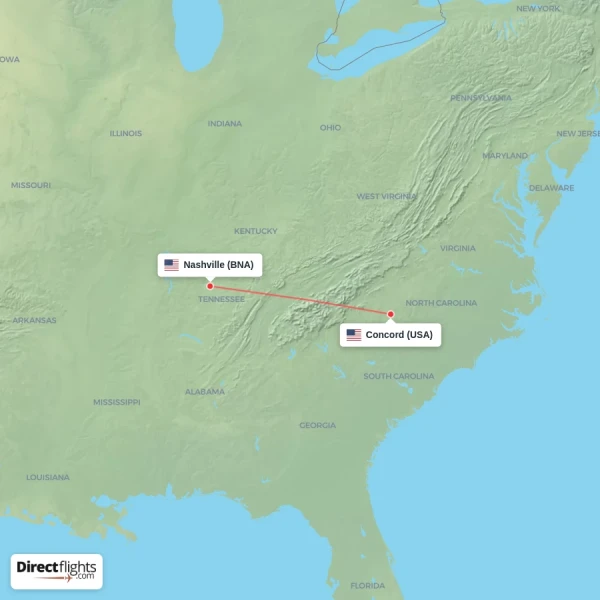 Nashville - Concord direct flight map