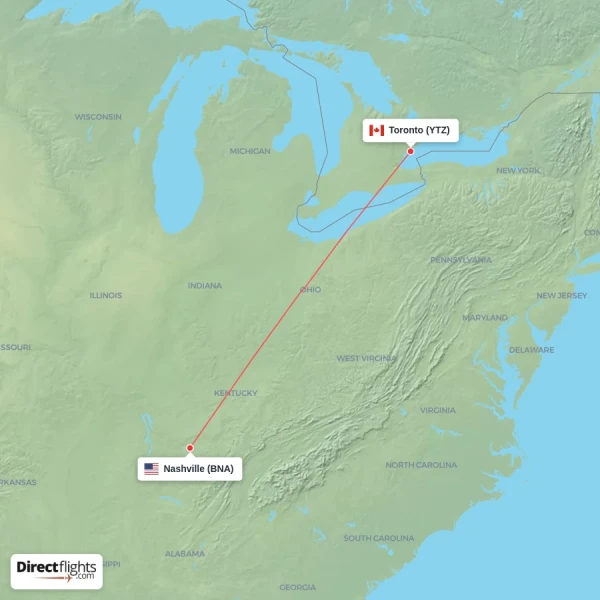 Nashville - Toronto direct flight map