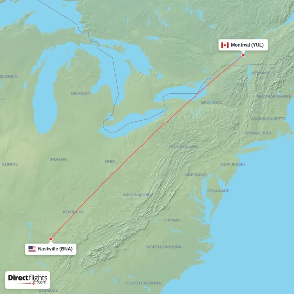 Nashville - Montreal direct flight map