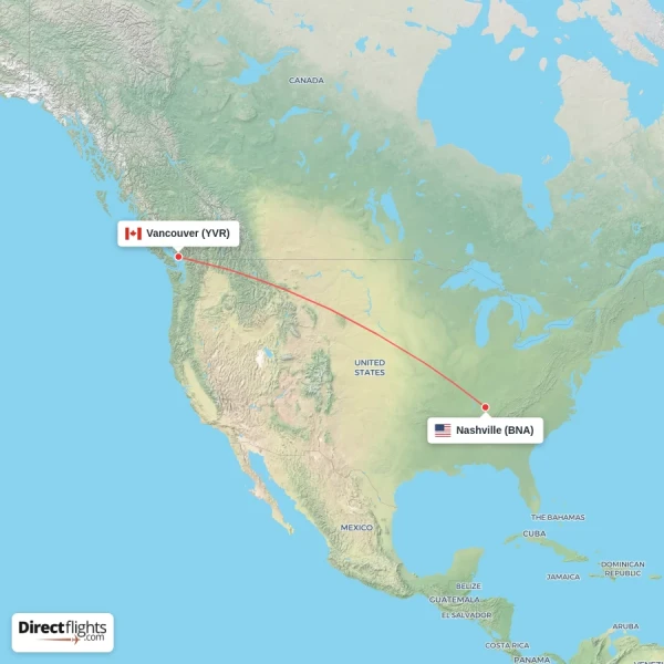Nashville - Vancouver direct flight map