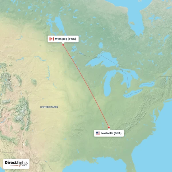 Nashville - Winnipeg direct flight map