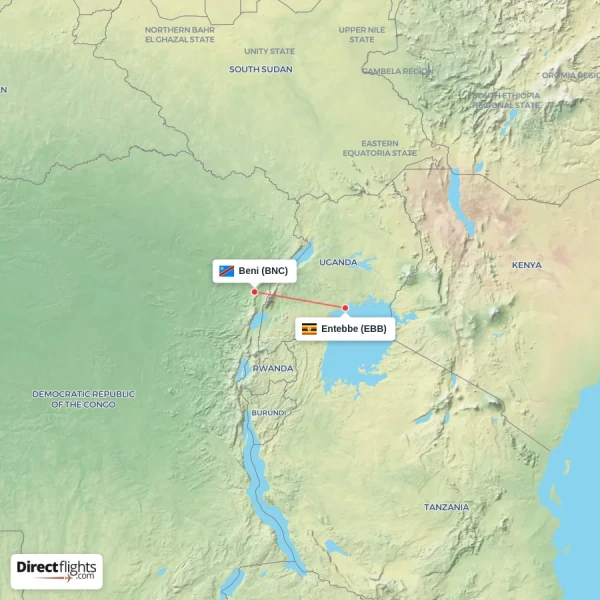 Beni - Entebbe direct flight map