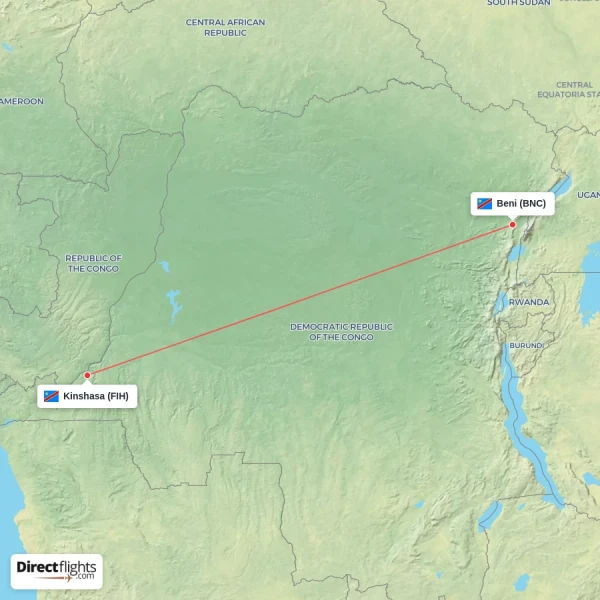Beni - Kinshasa direct flight map