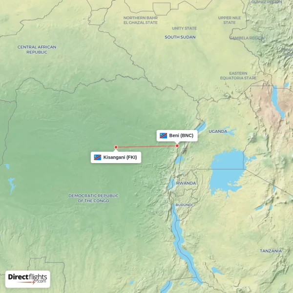 Beni - Kisangani direct flight map