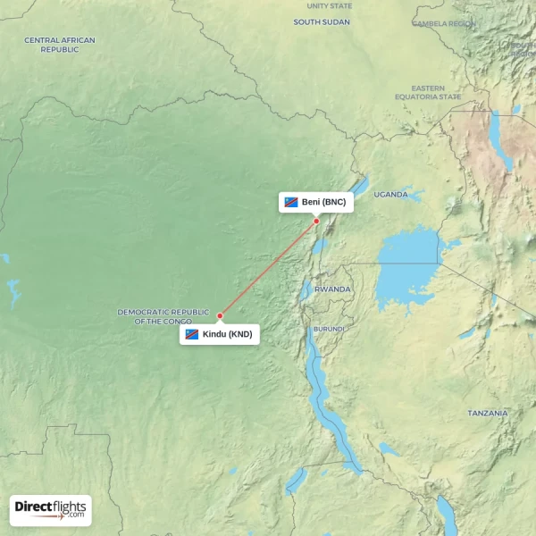 Beni - Kindu direct flight map