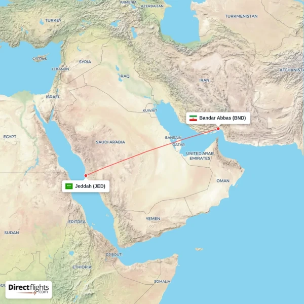 Bandar Abbas - Jeddah direct flight map