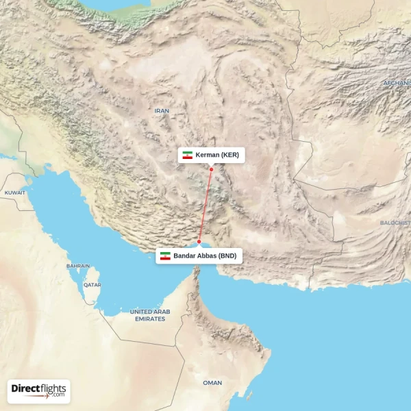 Bandar Abbas - Kerman direct flight map