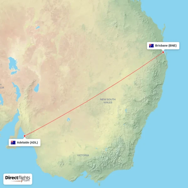 Brisbane - Adelaide direct flight map