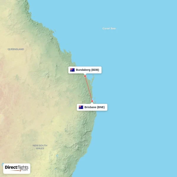 Brisbane - Bundaberg direct flight map