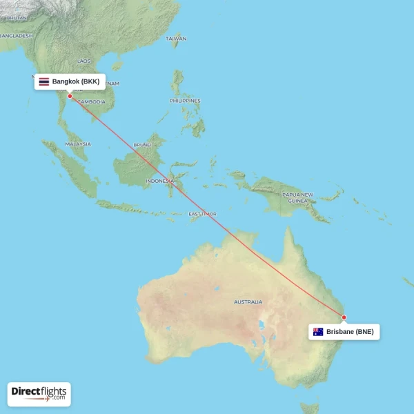 Brisbane - Bangkok direct flight map